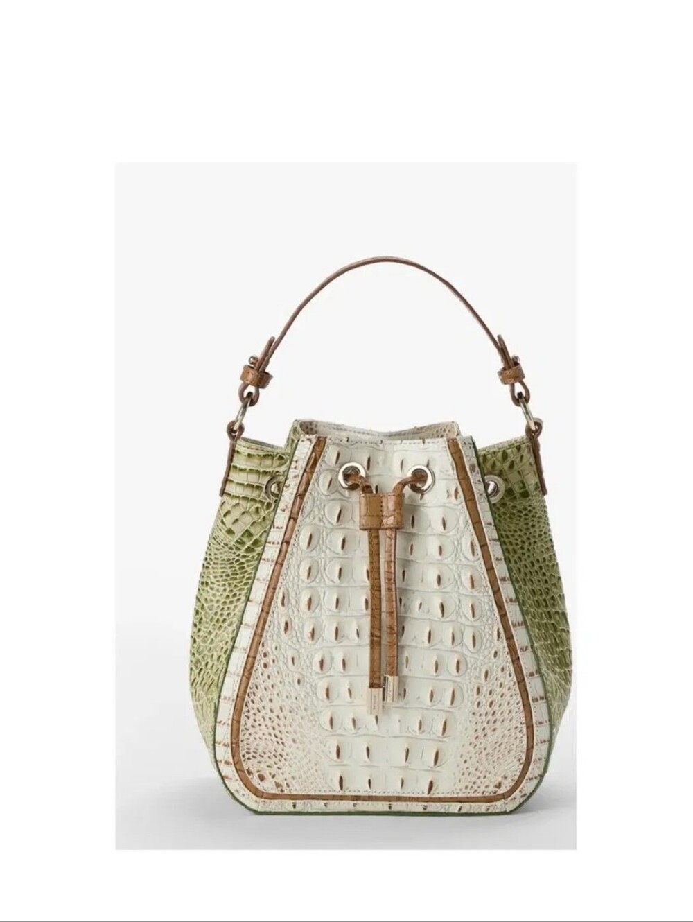BRAHMIN Melinda FERNCroc-Embossed Leather Drawstring Bucket Bag in Green & Cream
